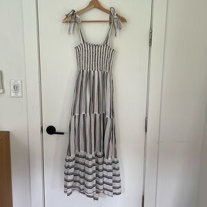 Xirena LORRAINE Smocked Tiered Tie Strap Cotton Midi Dress Striped Size XS